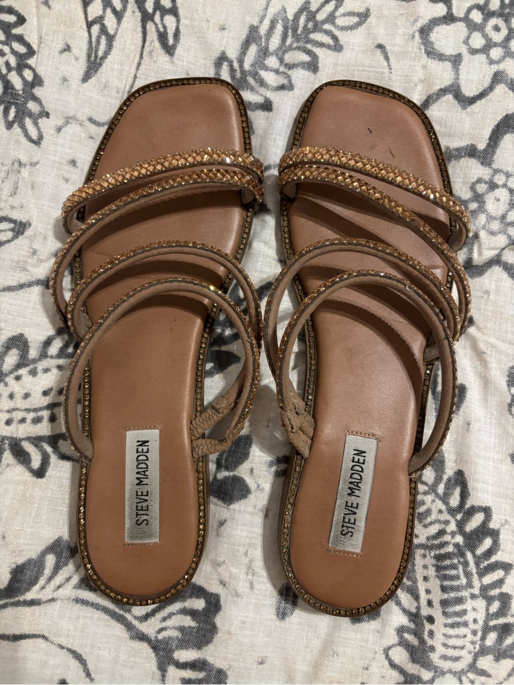 Steve Madden Brown Rhinestone Strappy Slide Sandals with Sparkle